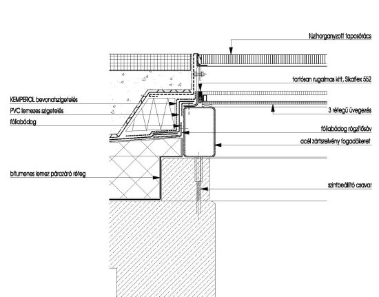 Járható tető bevilágítókkal és növényzettel